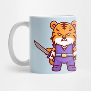 Cute Tiger Warrior Holding Sword Cartoon Mug